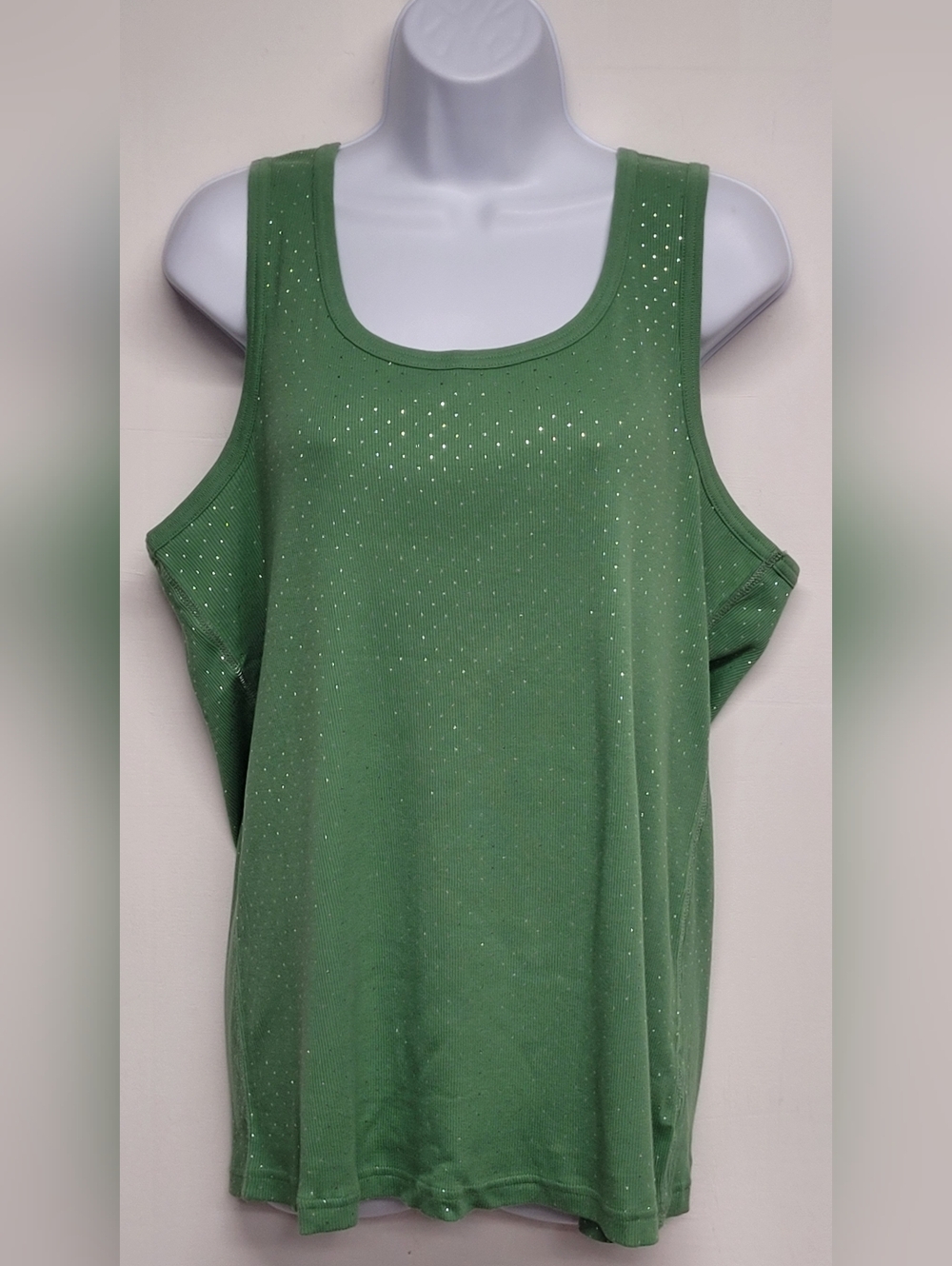 Faded Glory 2X Tank Top 100% Cotton Green Metallic Ribbed